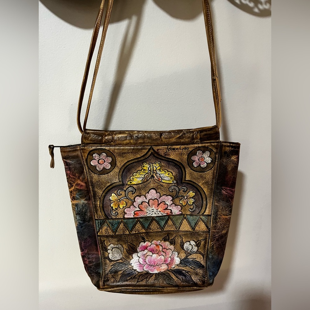 Signed Jane Yoo Leather Bag Hand Painted Floral Butterfly Vintage Boho